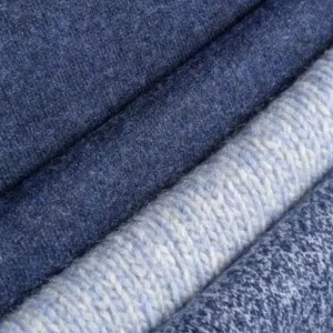 Close-up of blue, gray, and white knitted fabric samples used to evaluate organic yarn quality
