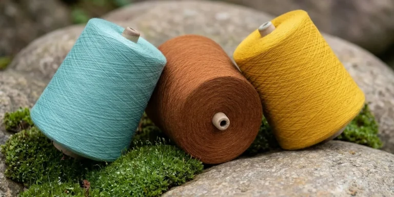 Three yarn cones in soft blue, warm brown, and mustard yellow placed on natural stone