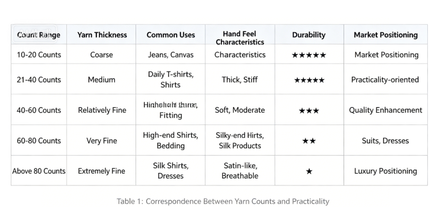 Table 1:Correspondence Between Yarn Counts and Practicality