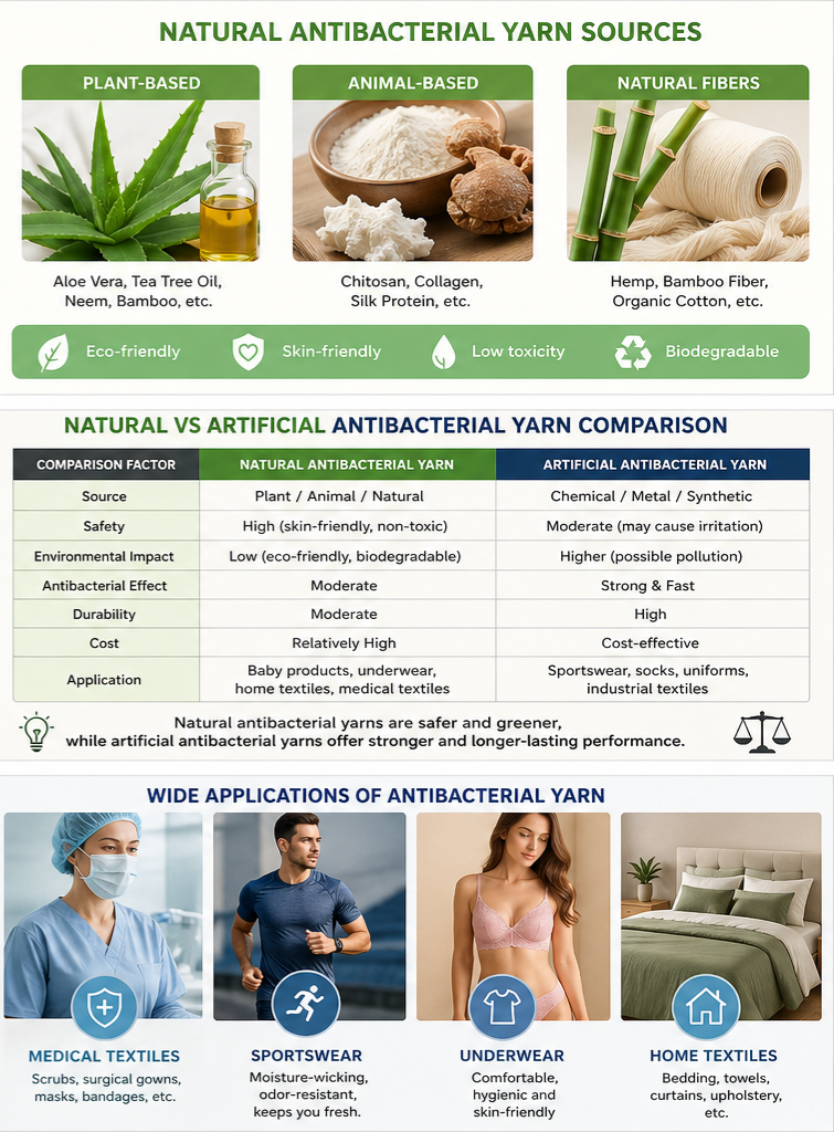 Antibacterial yarn sources and applications in medical sportswear and home textiles