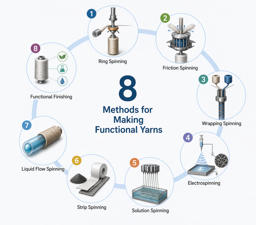 8 methods for making functional yarns including ring spinning friction spinning wrapping spinning and electrospinning