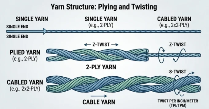 single yarn plied yarn and cabled yarn twist structure