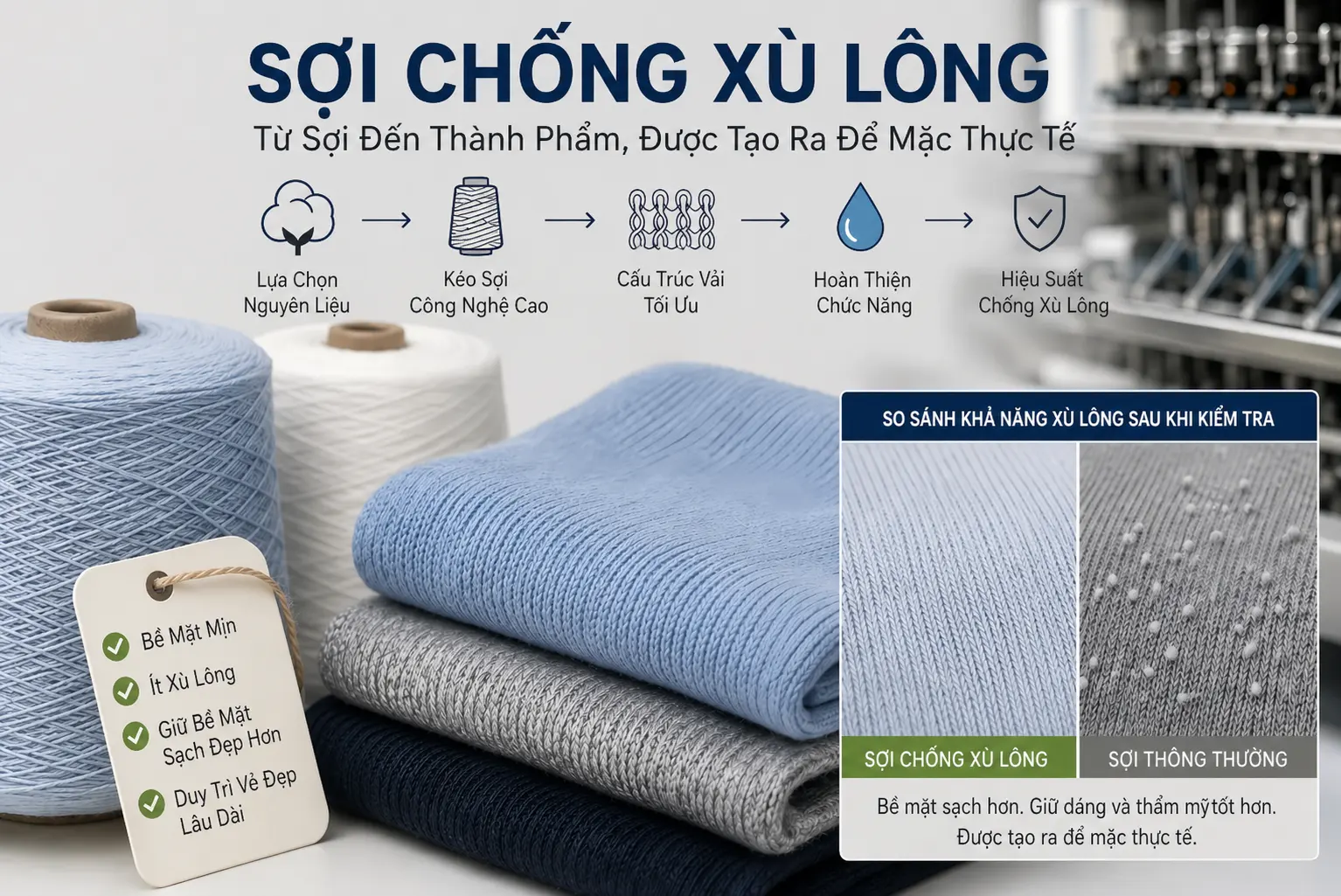 Sợi chống xù lông từ lựa chọn xơ đến hoàn tất cho vải dệt kim mặc thực tế
