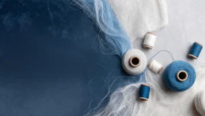 Blue and white yarn cones with soft textile fibers on fabric background
