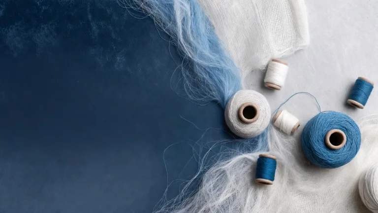 Blue and white yarn cones with soft textile fibers on fabric background
