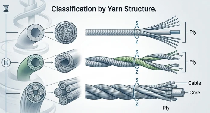 yarn structure classification showing ply core and cable yarn