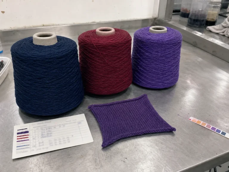 Acrylic yarn dyeing samples with dyed yarn cones, knitted swatch, shade card, and color reference strip