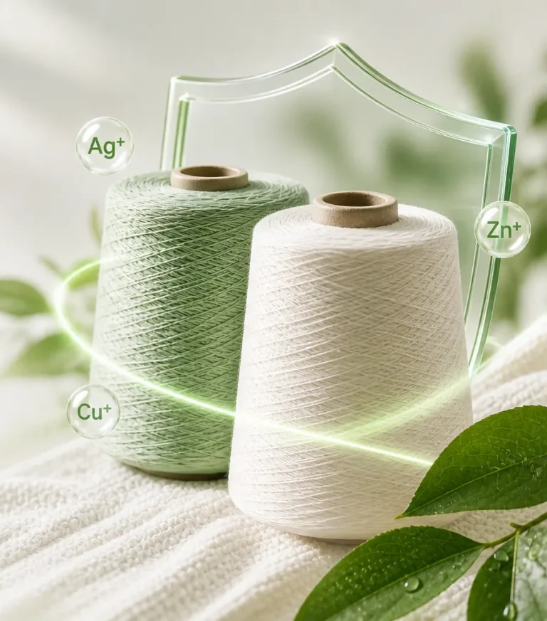 Antibacterial yarn cones with silver, zinc and copper ion protection