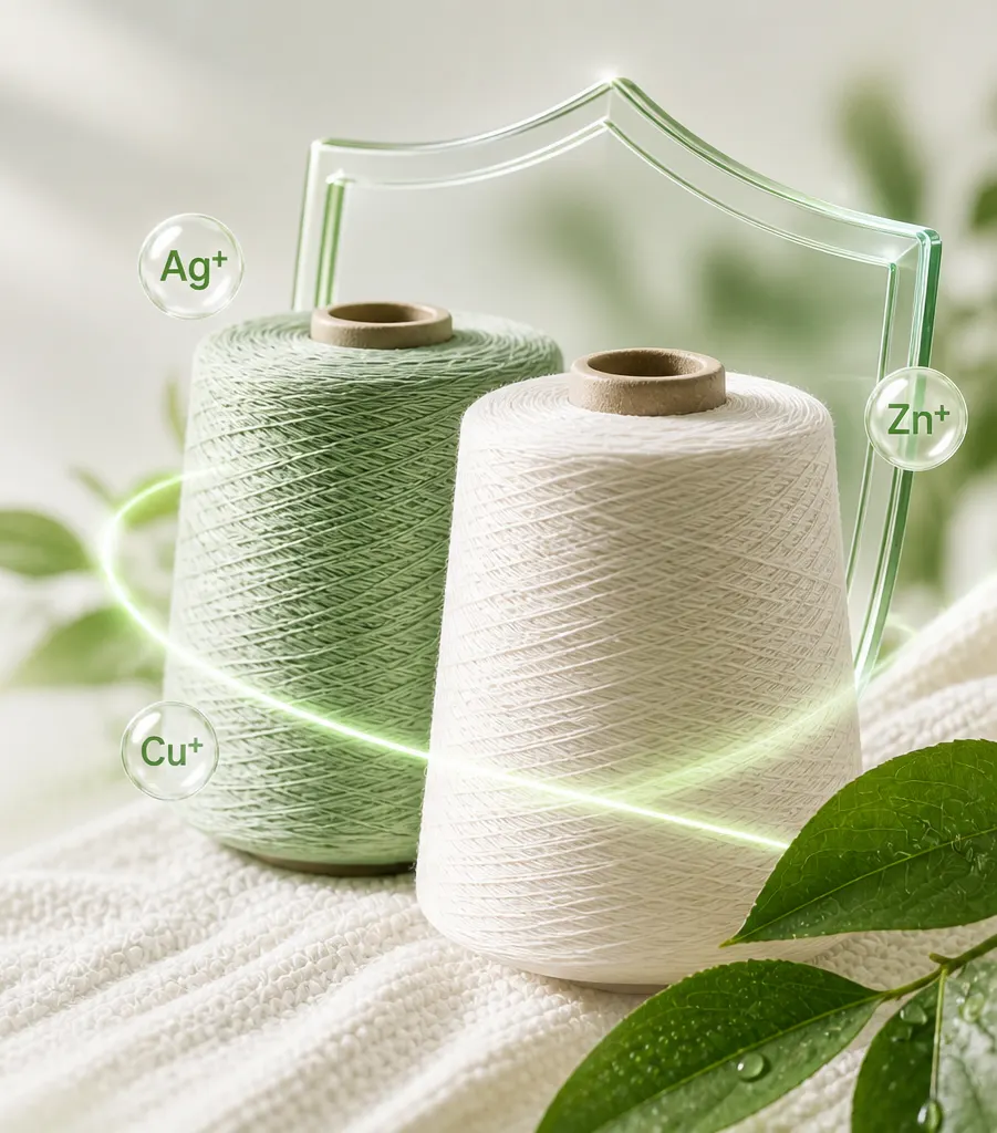 Antibacterial yarn cones with silver, zinc and copper ion protection
