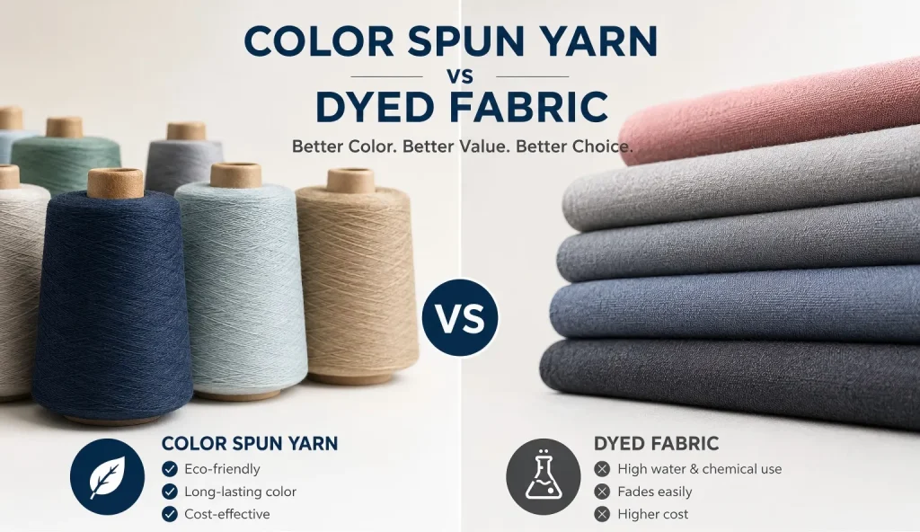 Color spun yarn vs dyed fabric comparison with yarn cones and fabric rolls
