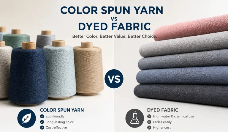 Color spun yarn vs dyed fabric comparison with yarn cones and fabric rolls