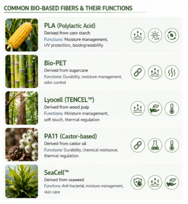 Common bio-based fibers including PLA, Bio-PET, Lyocell, PA11 and SeaCell with textile functions