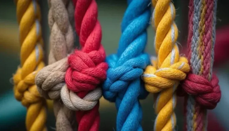 Macro view of colorful knotted ropes representing fiber entanglement and neps in cotton yarn spinning process.