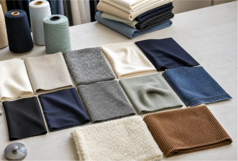 Fabric types for clothing with yarn cones, fabric swatches, lab dip card and wash test sample