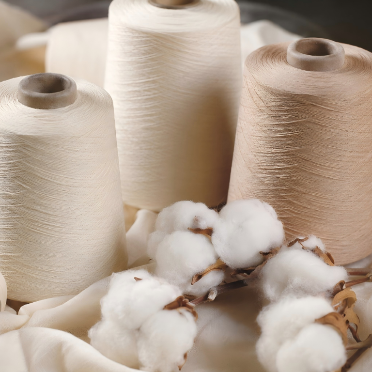 Long staple cotton yarn cones with raw cotton and cotton fabric