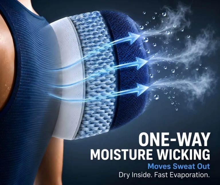 one-way moisture wicking fabric moves sweat from skin side to outer surface for dry touch and fast evaporation