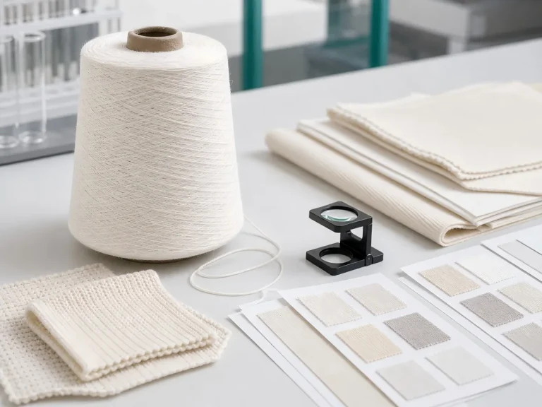 Protein modified fiber yarn cone with knitted fabric swatches and textile testing cards