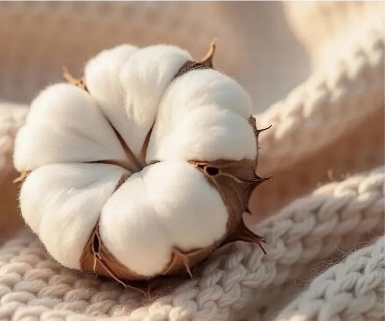 Raw cotton boll on high-quality knitted fabric representing pure cotton yarn strength and tenacity engineering