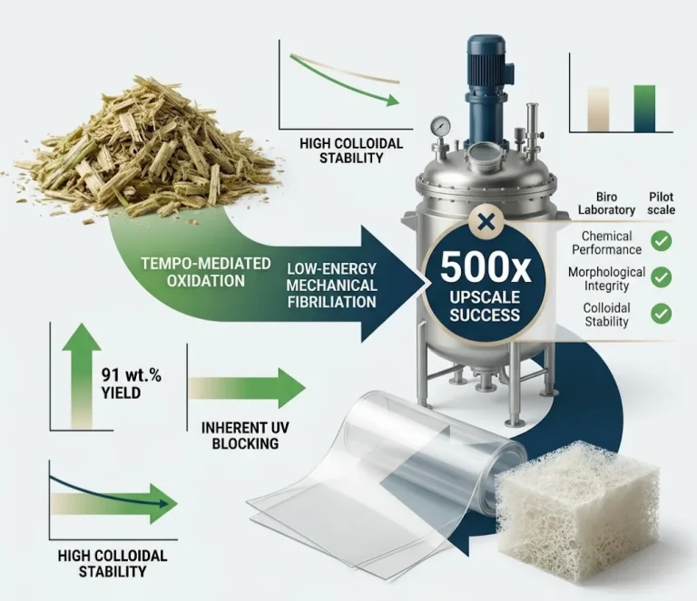 500x scaling process of sugarcane bagasse cellulose nanofibers (CNF).