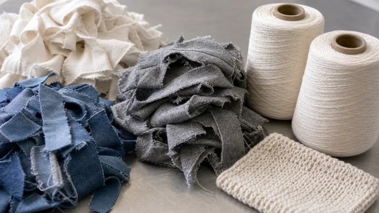 textile waste recycling supply chain with fabric scraps and recycled yarn cones