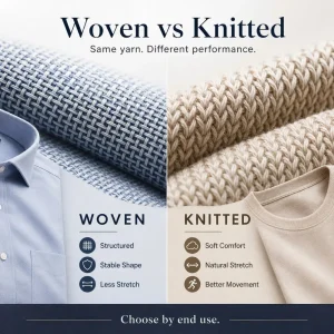 Woven vs knitted fabric comparison showing structure, stretch, comfort and end use differences