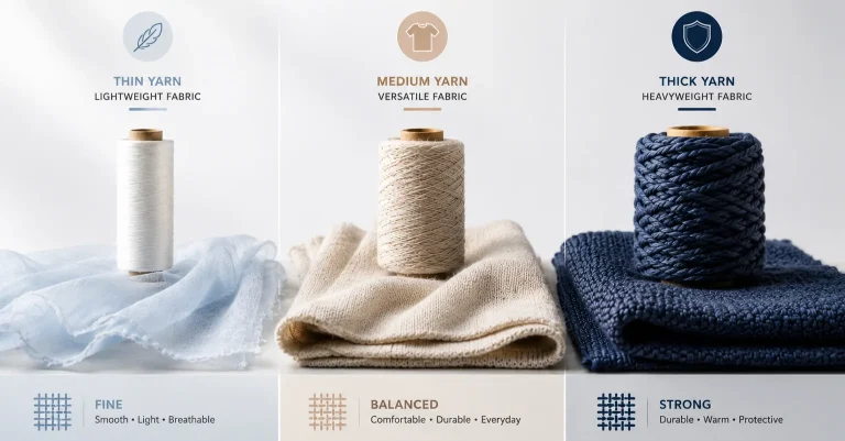 Thin medium and thick yarn comparison showing how yarn size can affect fabric weight and hand feel