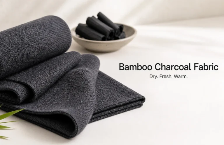 Bamboo charcoal fabric swatches with charcoal pieces for moisture control, odor reduction and light warmth