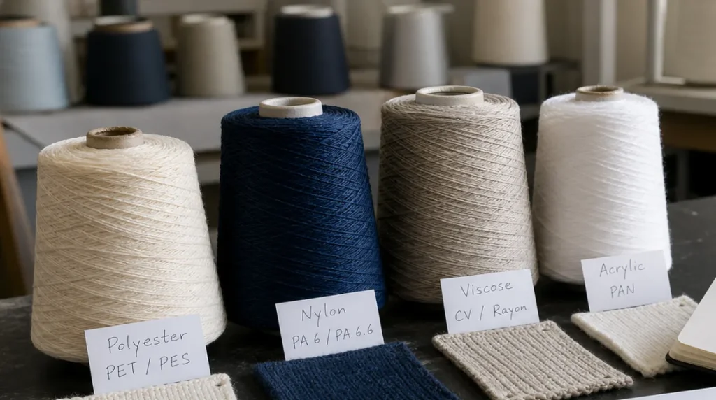 Chemical fiber names for polyester nylon viscose and acrylic yarn cones
