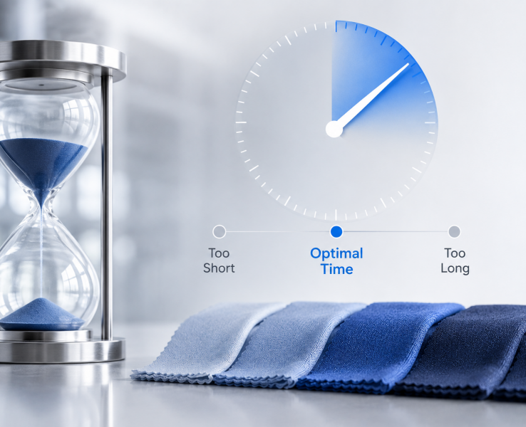 Hourglass and fabric samples illustrating the impact of dyeing holding time on color fastness and shade consistency.