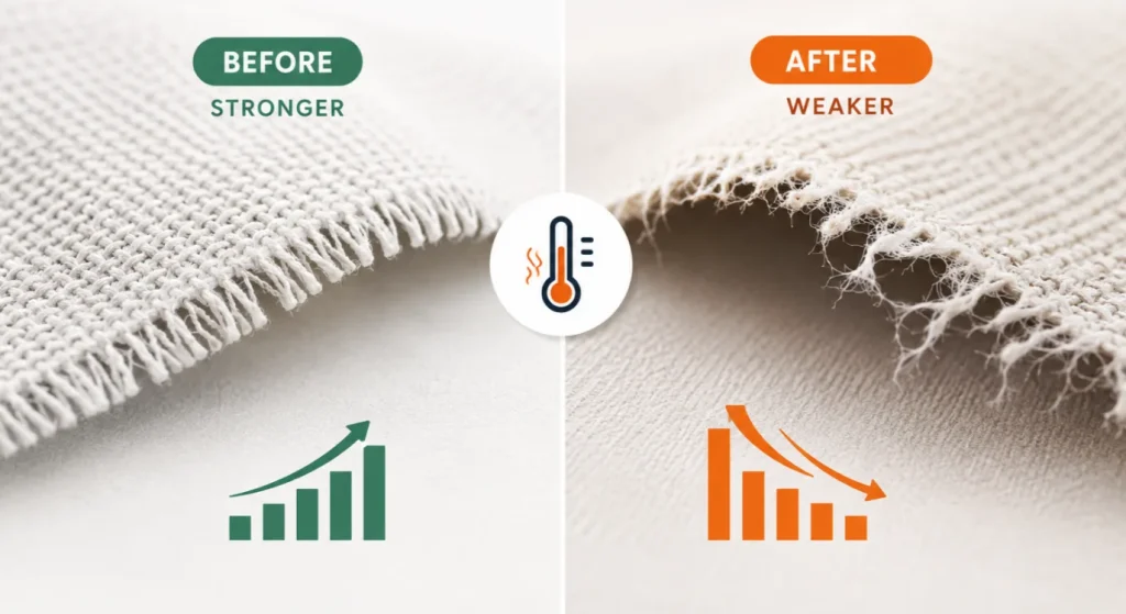 Fabric strength comparison before and after heat setting showing reduced tensile strength after excessive processing conditions