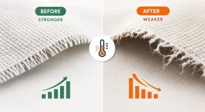 Fabric strength comparison before and after heat setting showing reduced tensile strength after excessive processing conditions