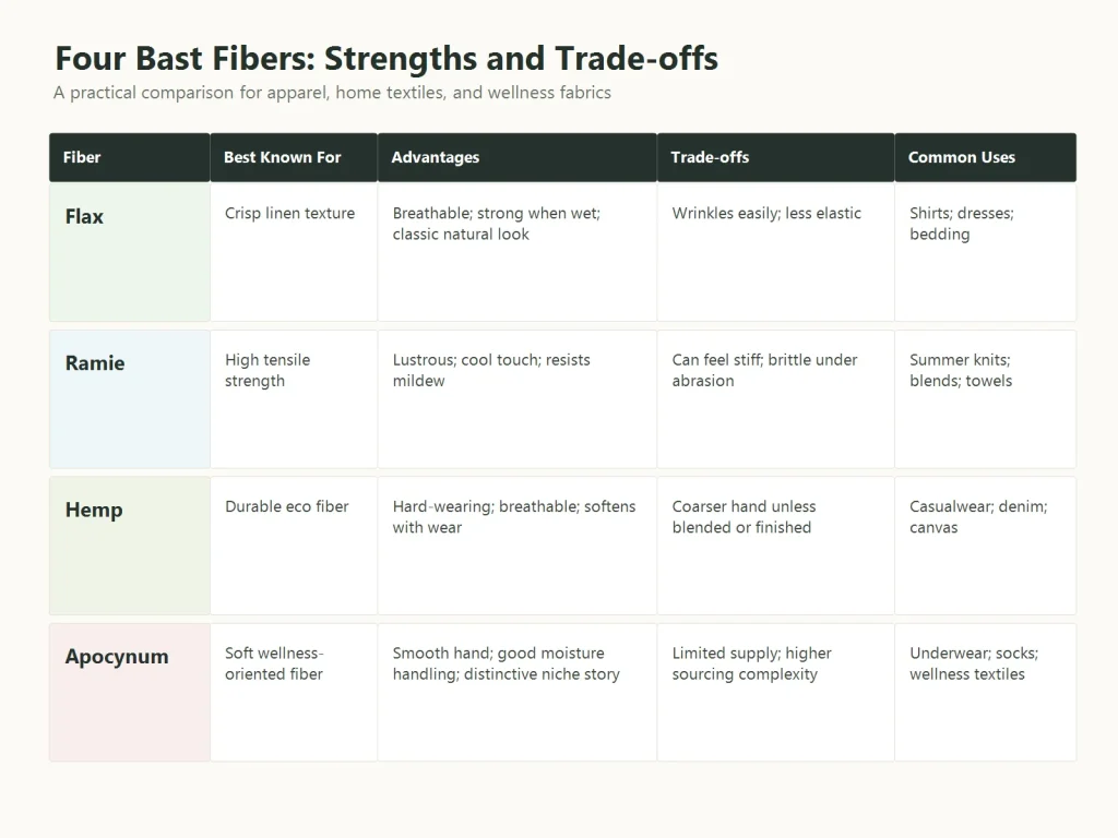 Four Bast Fibers:Strengths and Trade-offs