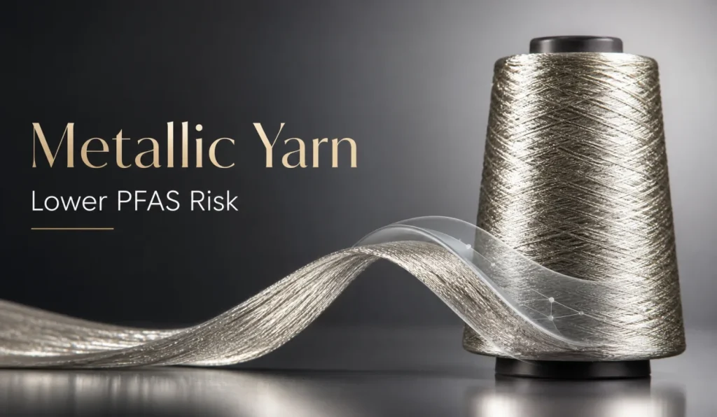 Metallic yarn spool and reflective metallic ribbon highlighting lower PFAS risk in textile sourcing.