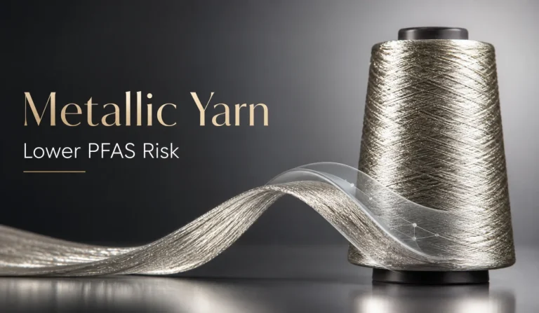 Metallic yarn spool and reflective metallic ribbon highlighting lower PFAS risk in textile sourcing.