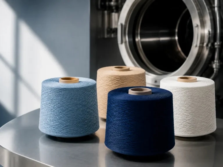 Package yarn dyeing machine with blue and neutral yarn cones