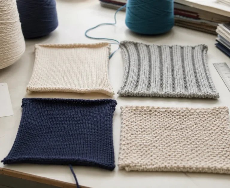 Weft knitted fabric structures samples showing plain jersey rib interlock and purl knit textures