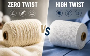 Zero Twist vs High Twist Yarn comparison showing soft bulky yarn and tightly twisted structured yarn