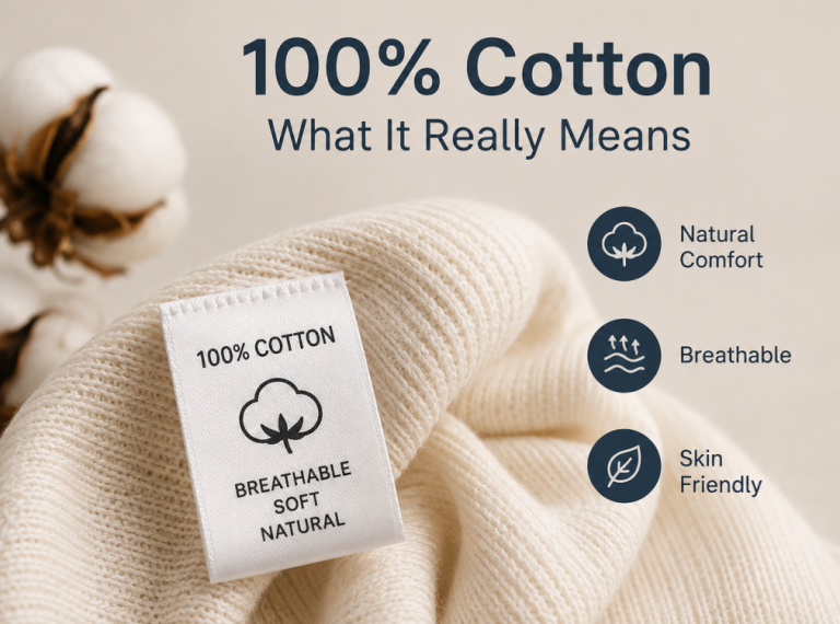 100% cotton label on natural knit fabric with comfort, breathability and skin-friendly icons
