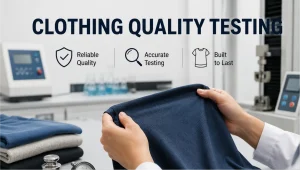 Technician examining navy fabric during clothing quality testing