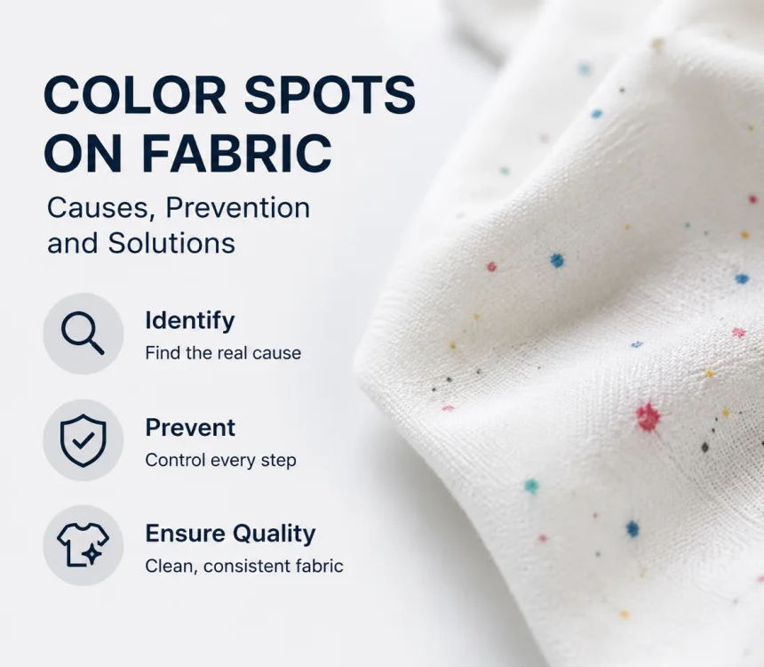 Color spots on white fabric with steps to identify causes, prevent defects and ensure consistent fabric quality
