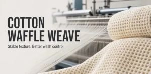 Cotton waffle weave fabric on a weaving machine with a stable honeycomb texture