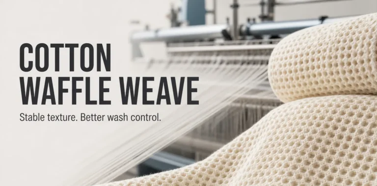 Cotton waffle weave fabric on a weaving machine with a stable honeycomb texture