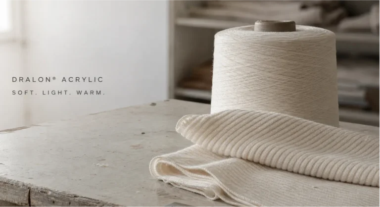 Dralon acrylic yarn cone beside soft rib-knit thermal fabric
