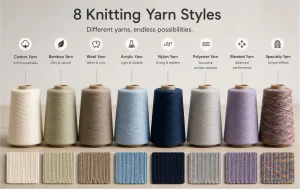 Eight yarn material options with cones and knitted swatches: cotton, bamboo, wool, acrylic, nylon, polyester, blended and specialty yarn