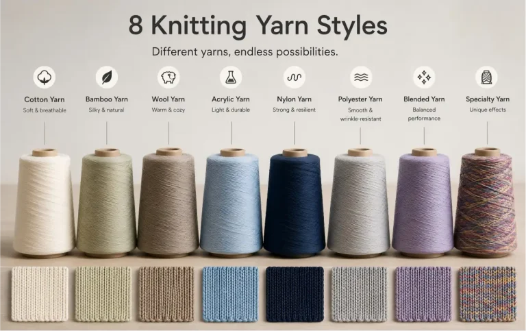 Eight yarn material options with cones and knitted swatches: cotton, bamboo, wool, acrylic, nylon, polyester, blended and specialty yarn