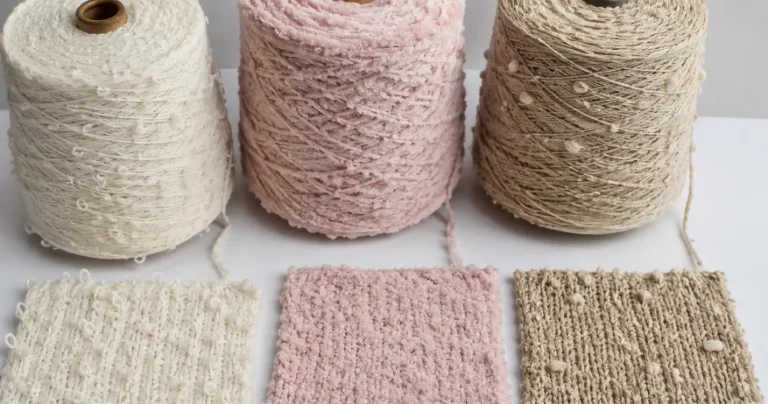 Loop yarn, chenille yarn and big slub yarn cones with knitted swatches