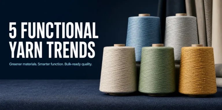 Five colored yarn cones representing functional yarn trends in cotton spinning