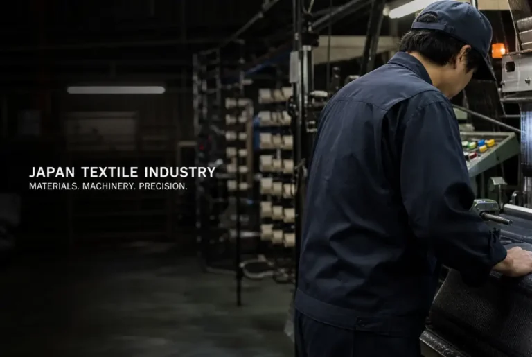 Textile technician checking fabric on a precision weaving machine