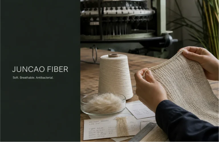 Technician checking Juncao fiber knitted fabric in a textile sample room