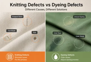 Knitting defects vs dyeing defects showing dropped stitches, yarn breaks, uneven dyeing, color stains and shade variation